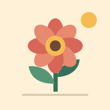 Sample illustration of a coral flower with green leaves and a yellow sun on a cream background